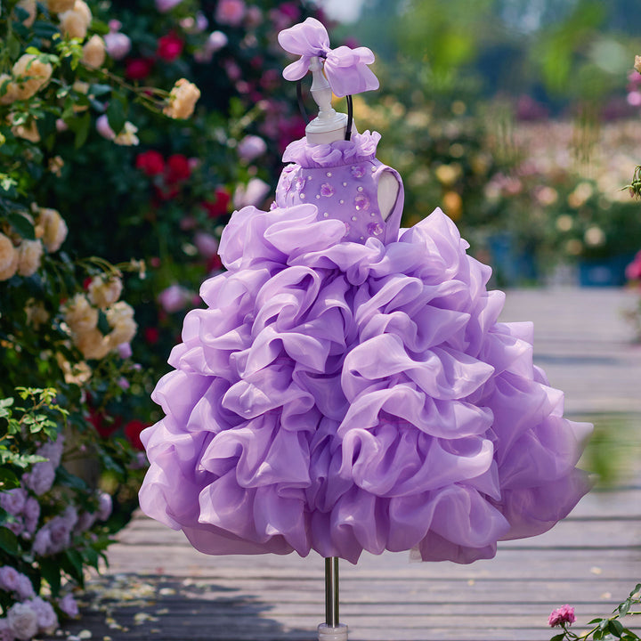 Flower Girl Dress with Pearl Necklin Fluffy Tiered Ruffle Tulle Birthday Pageant Gown D358