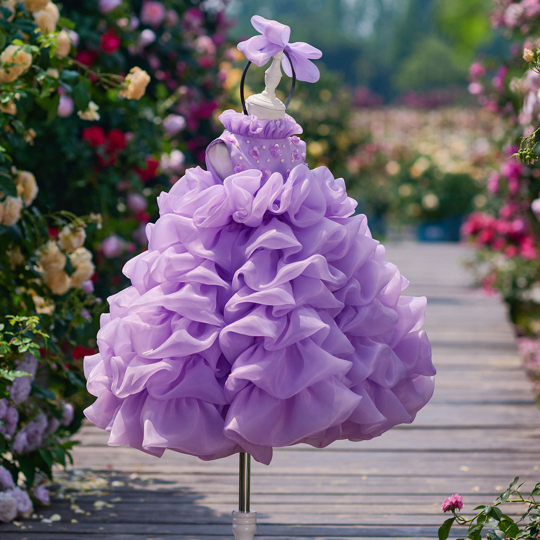 Flower Girl Dress with Pearl Necklin Fluffy Tiered Ruffle Tulle Birthday Pageant Gown D358