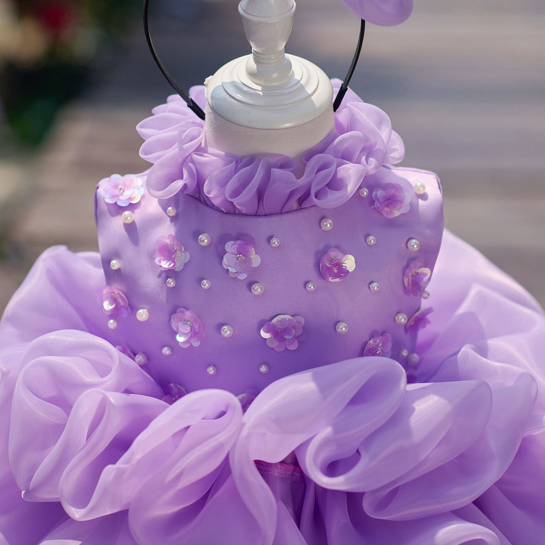 Flower Girl Dress with Pearl Necklin Fluffy Tiered Ruffle Tulle Birthday Pageant Gown D358