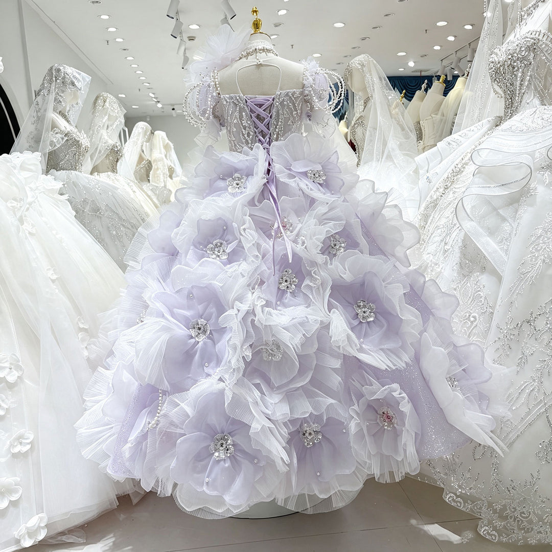 Lilac 3D Giant Floral Crystal Beaded Princess Ball Gown for Flower Girls Dress W101