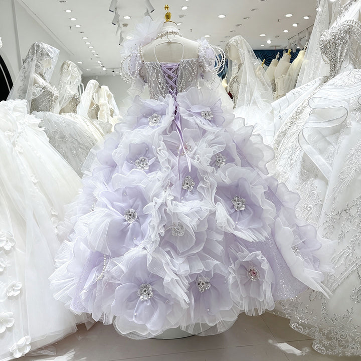 Lilac 3D Giant Floral Crystal Beaded Princess Ball Gown for Flower Girls Dress W101