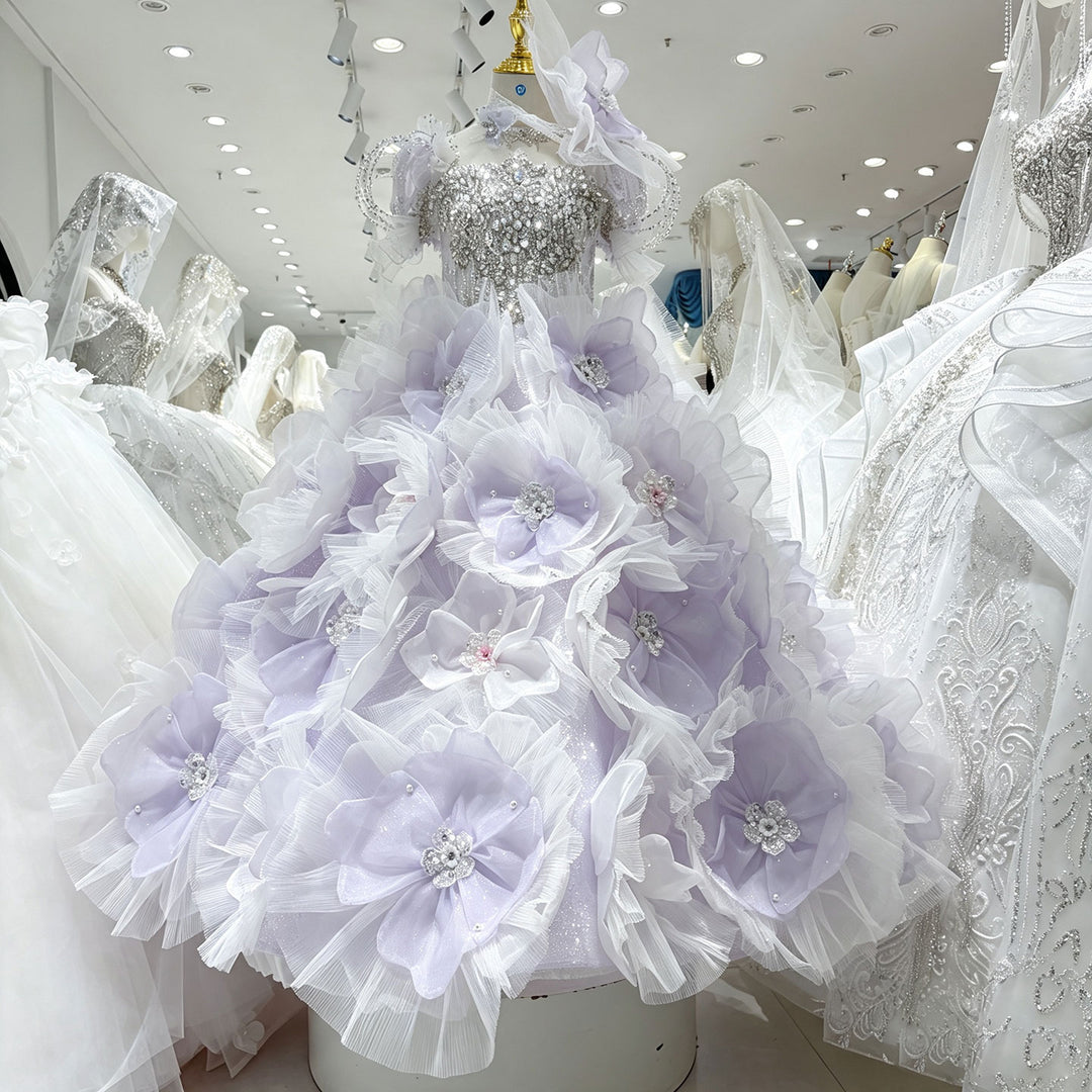 Lilac 3D Giant Floral Crystal Beaded Princess Ball Gown for Flower Girls Dress W101