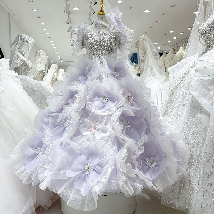 Lilac 3D Giant Floral Crystal Beaded Princess Ball Gown for Flower Girls Dress W101