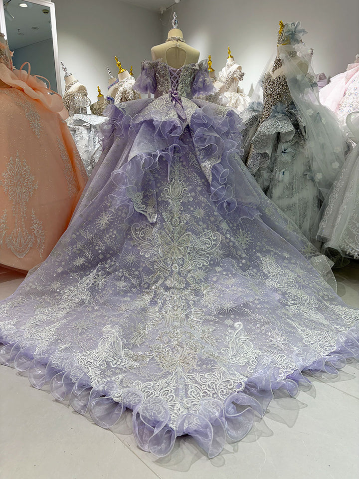 Lilac Butterfly Crystal Beaded Off-Shoulder Princess Wedding Ball Gown for Flower Girls Dress W103