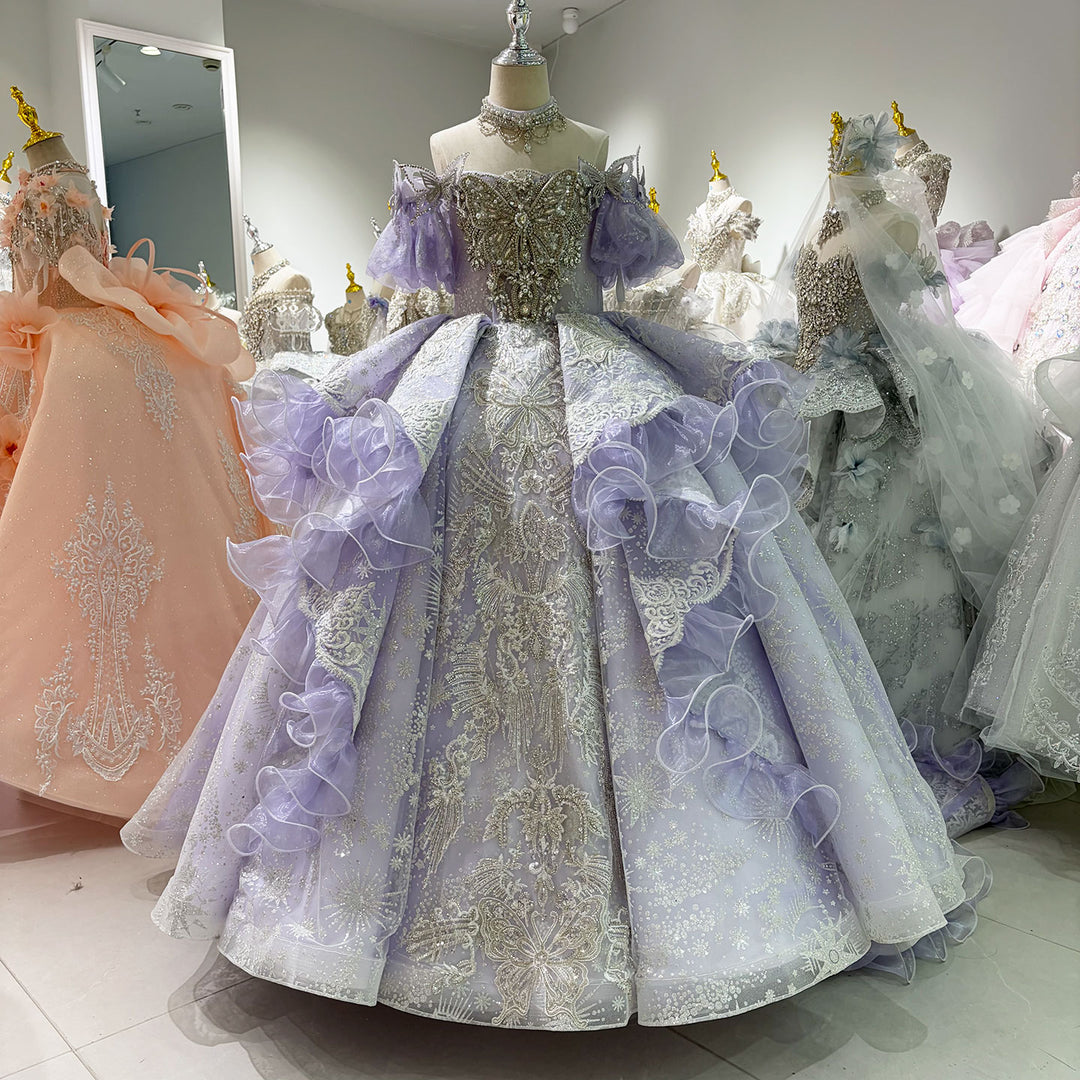 Lilac Butterfly Crystal Beaded Off-Shoulder Princess Wedding Ball Gown for Flower Girls Dress W103