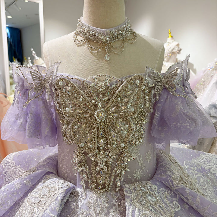 Lilac Butterfly Crystal Beaded Off-Shoulder Princess Wedding Ball Gown for Flower Girls Dress W103