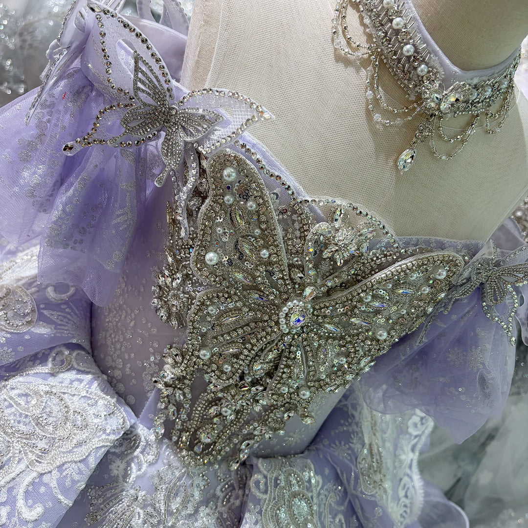 Lilac Butterfly Crystal Beaded Off-Shoulder Princess Wedding Ball Gown for Flower Girls Dress W103