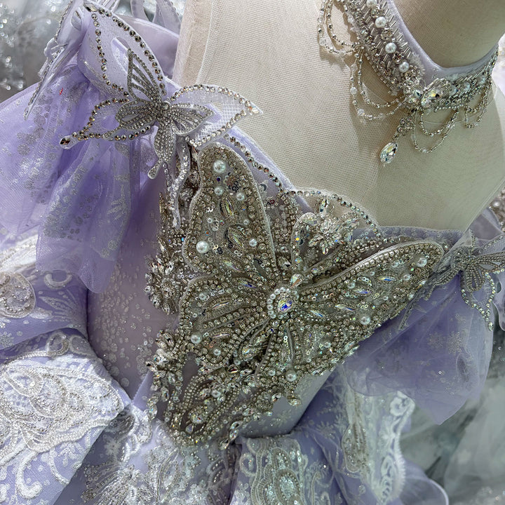 Lilac Butterfly Crystal Beaded Off-Shoulder Princess Wedding Ball Gown for Flower Girls Dress W103