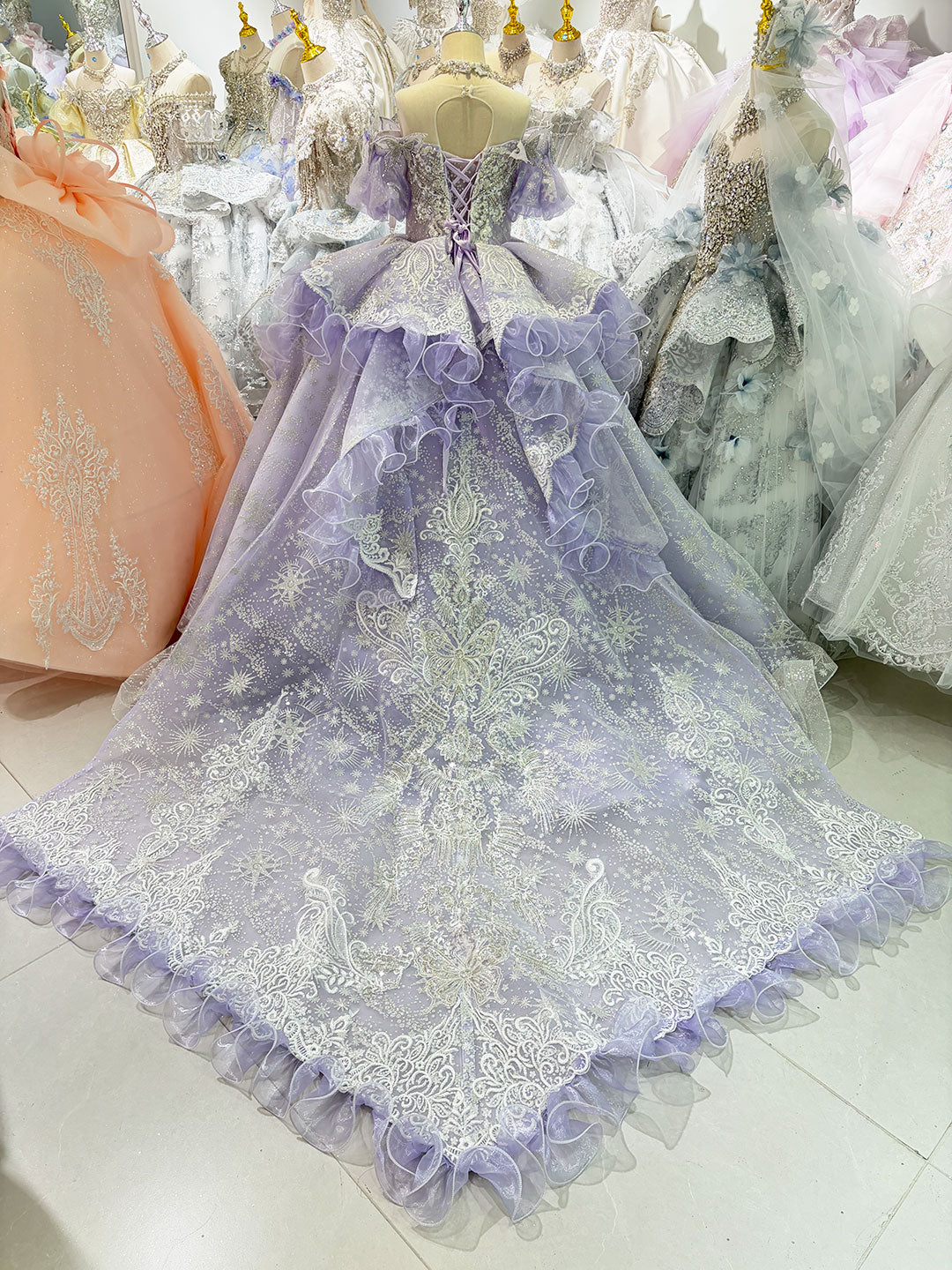 Lilac Butterfly Crystal Beaded Off-Shoulder Princess Wedding Ball Gown for Flower Girls Dress W103