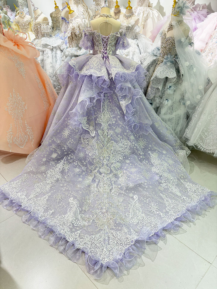 Lilac Butterfly Crystal Beaded Off-Shoulder Princess Wedding Ball Gown for Flower Girls Dress W103