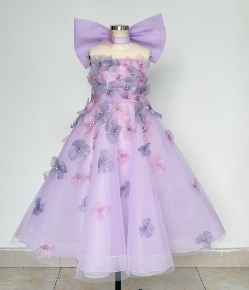Luxury Lilac Princess Flower Girl Dress with Flower Appliques J620