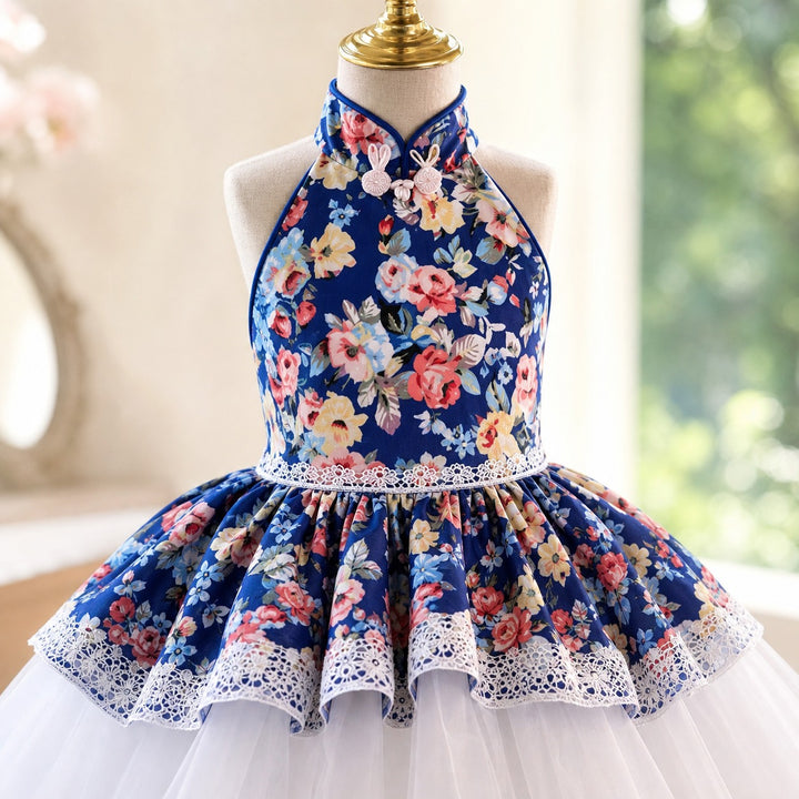 Navy Blue Floral Halter High-Low Tulle Flower Girl Dress with Bow D287