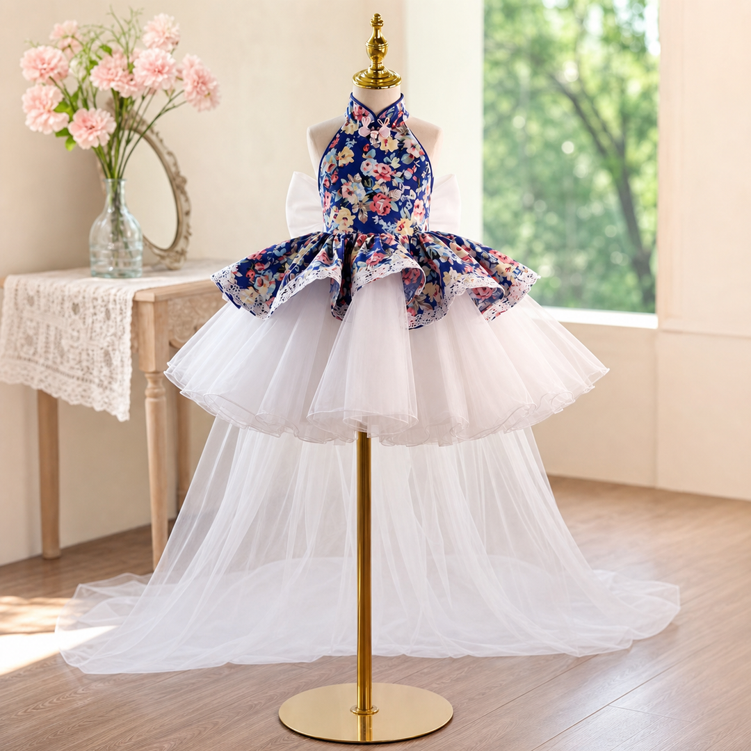 Navy Blue Floral Halter High-Low Tulle Flower Girl Dress with Bow D287