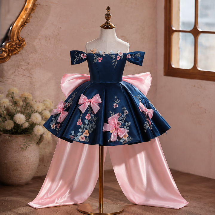 Elegant Off-Shoulder Girl Dress with Floral Print Bow Details Princess Party J883