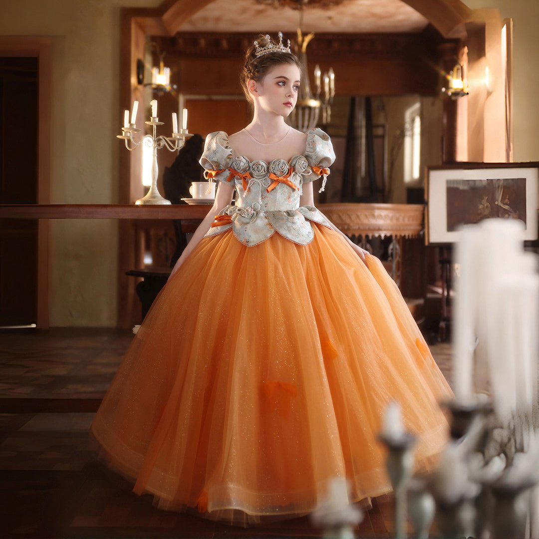 Elegant Orange Princess Flower Girl Dress with Ombre Tulle Skirt and Floral Bodice J211