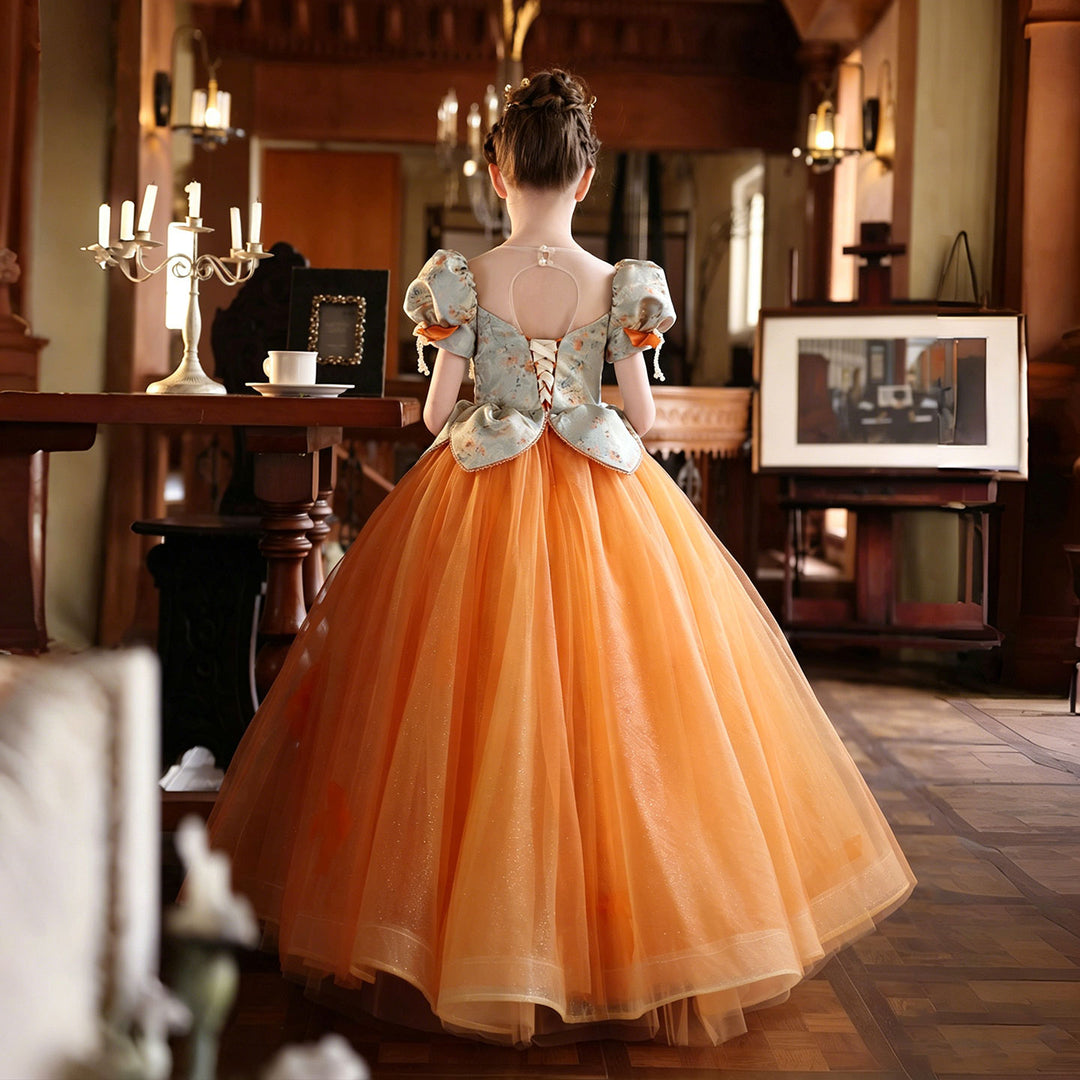 Elegant Orange Princess Flower Girl Dress with Ombre Tulle Skirt and Floral Bodice J211