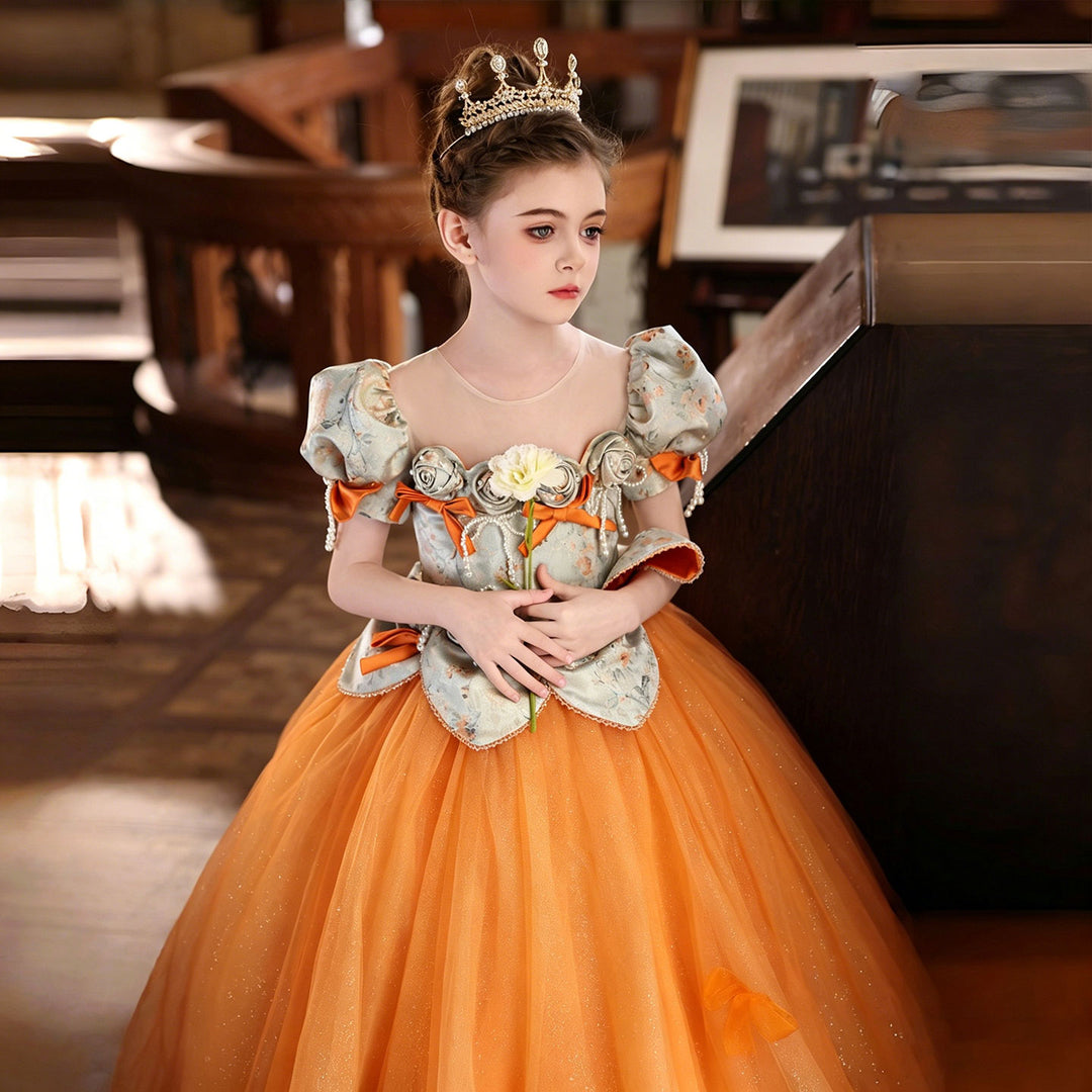 Elegant Orange Princess Flower Girl Dress with Ombre Tulle Skirt and Floral Bodice J211