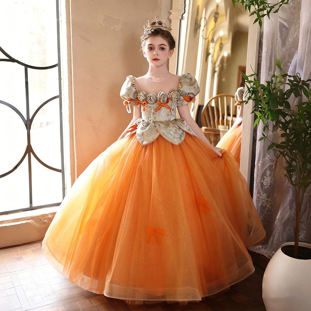 Elegant Orange Princess Flower Girl Dress with Ombre Tulle Skirt and Floral Bodice J211 Elegant Orange Princess Flower Girl Dress with Ombre Tulle Skirt and Floral Bodice J211