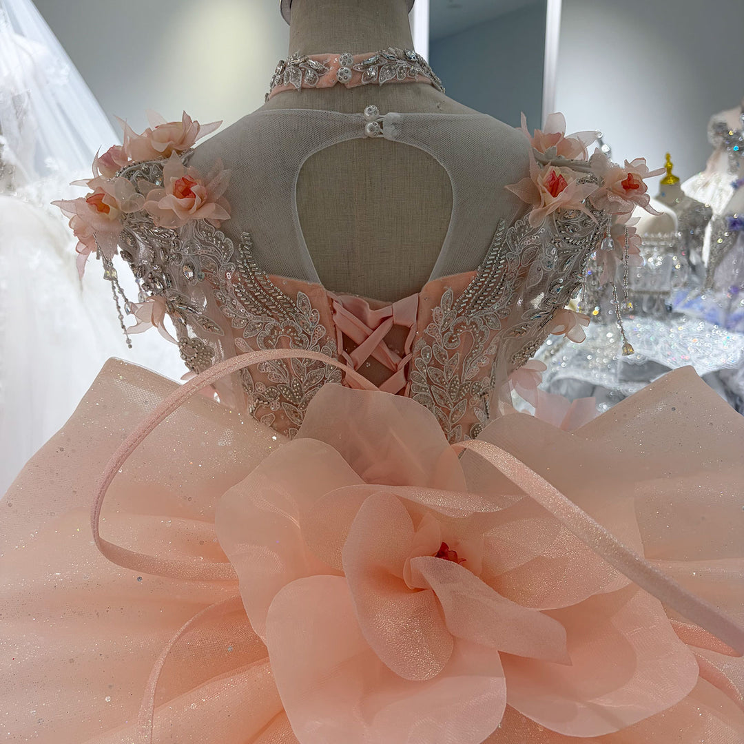 Peach Pink 3D Floral Embroidered Off-Shoulder Princess Wedding Ball Gown for Flower Girls Dress W104