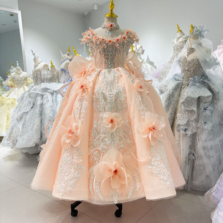 Peach Pink 3D Floral Embroidered Off-Shoulder Princess Wedding Ball Gown for Flower Girls Dress W104