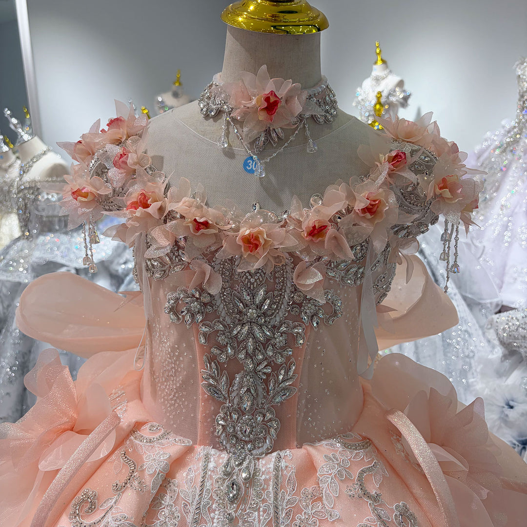 Peach Pink 3D Floral Embroidered Off-Shoulder Princess Wedding Ball Gown for Flower Girls Dress W104