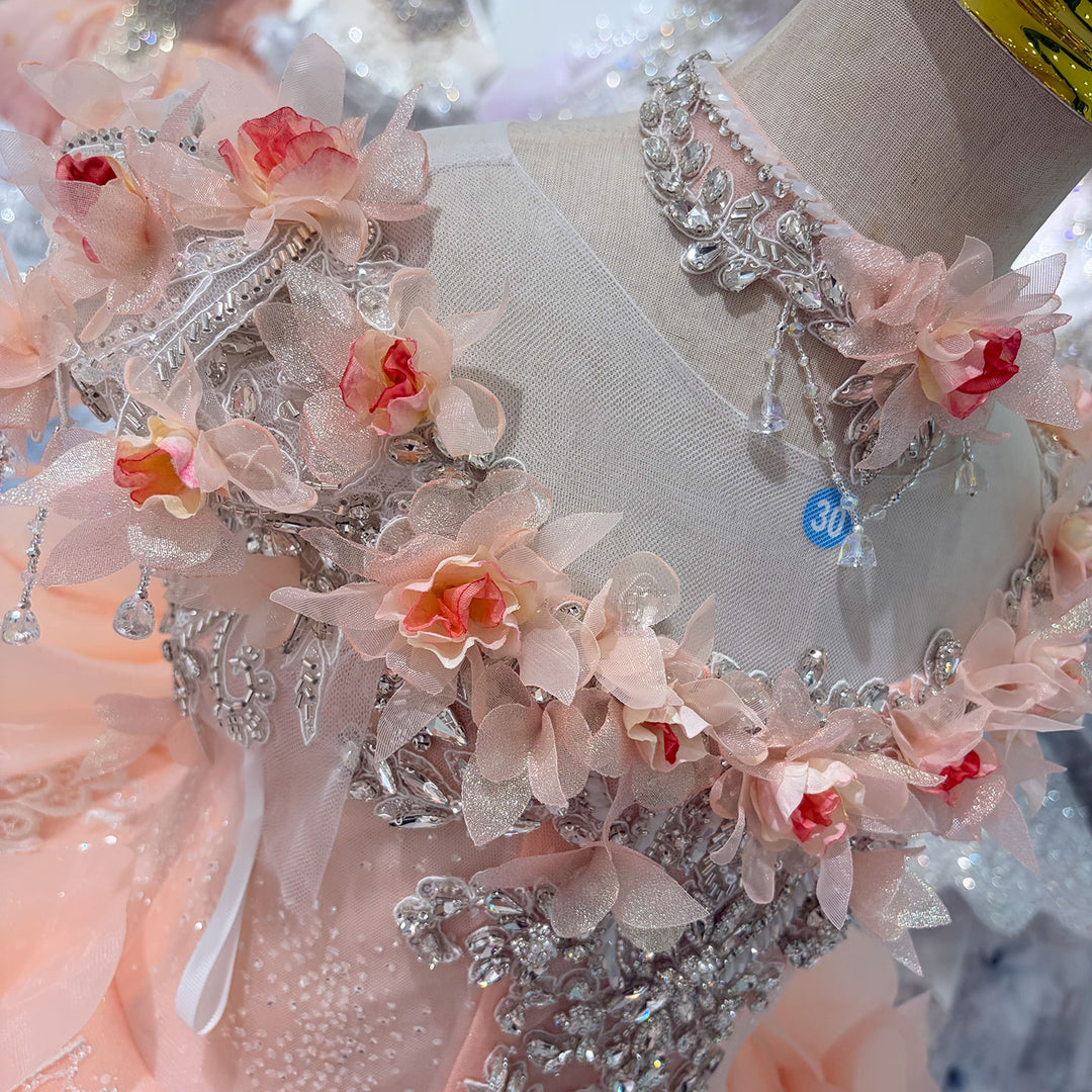 Peach Pink 3D Floral Embroidered Off-Shoulder Princess Wedding Ball Gown for Flower Girls Dress W104