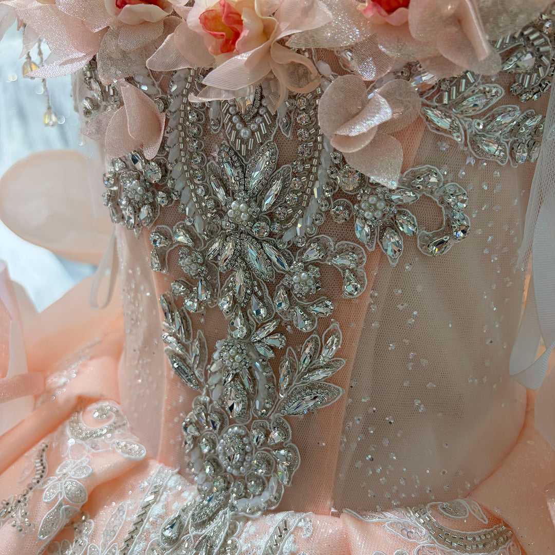 Peach Pink 3D Floral Embroidered Off-Shoulder Princess Wedding Ball Gown for Flower Girls Dress W104