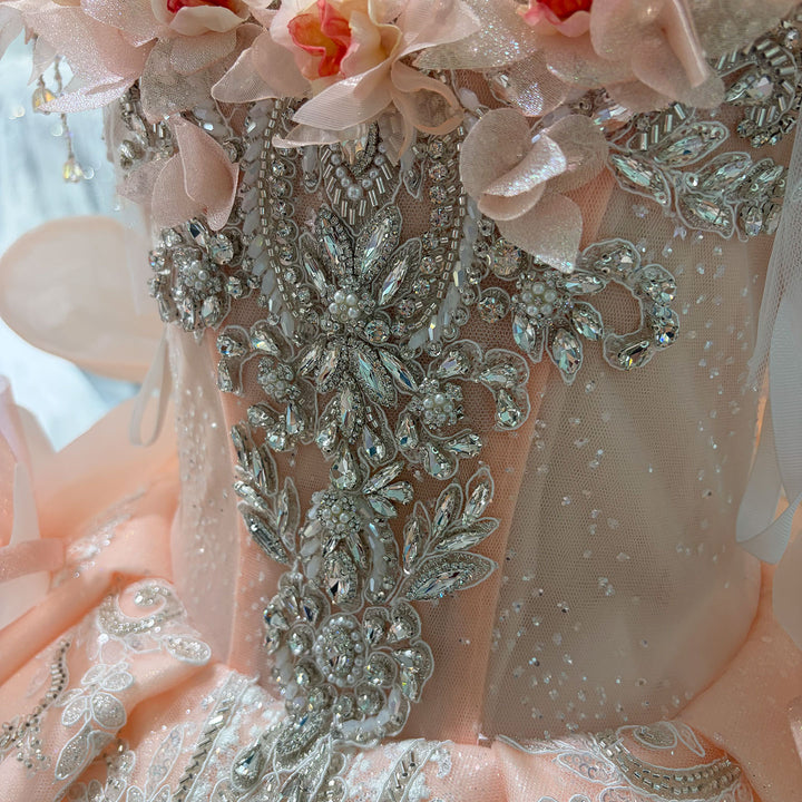 Peach Pink 3D Floral Embroidered Off-Shoulder Princess Wedding Ball Gown for Flower Girls Dress W104