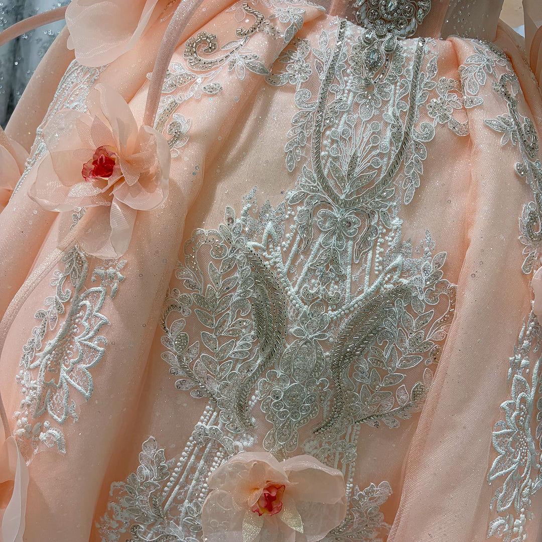 Peach Pink 3D Floral Embroidered Off-Shoulder Princess Wedding Ball Gown for Flower Girls Dress W104