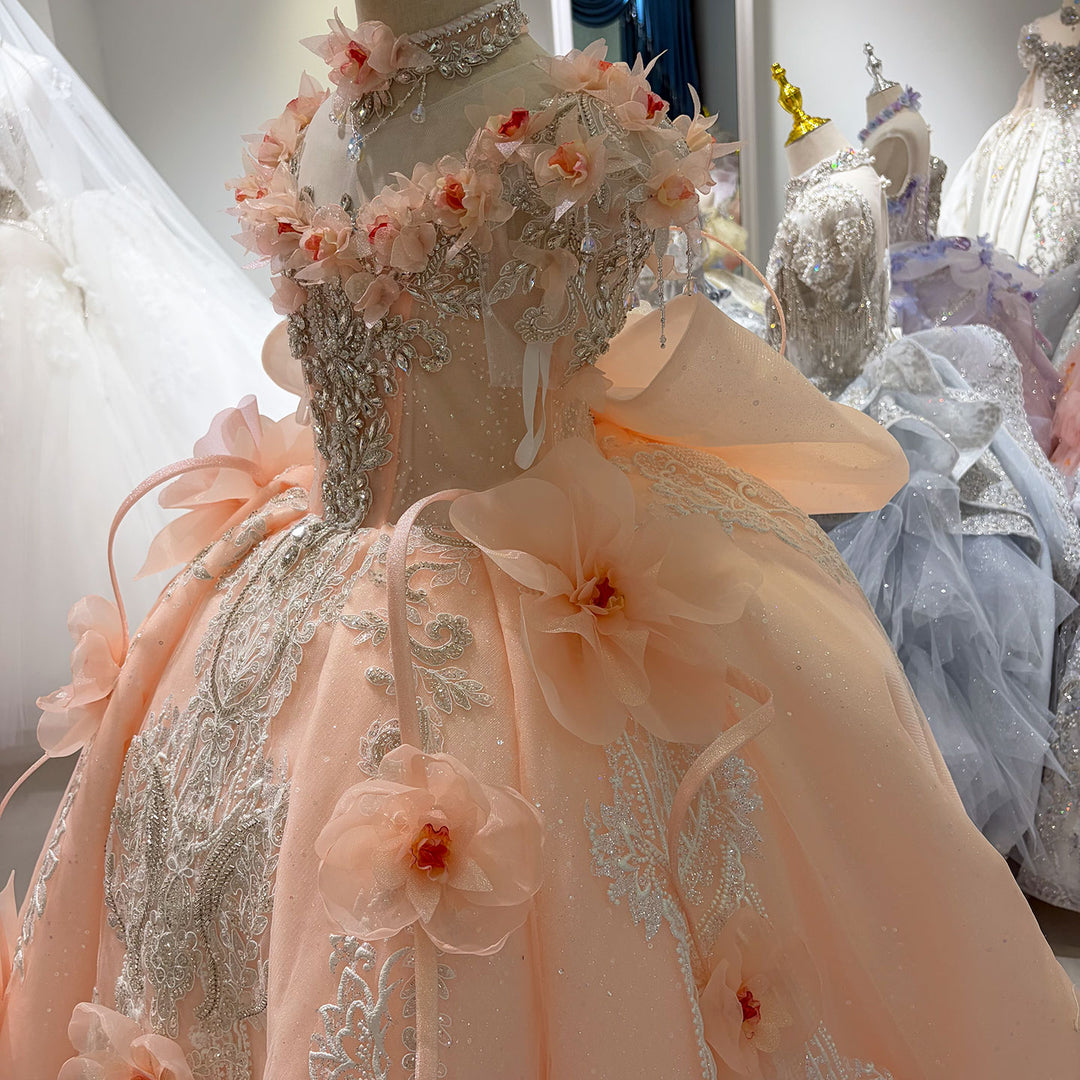 Peach Pink 3D Floral Embroidered Off-Shoulder Princess Wedding Ball Gown for Flower Girls Dress W104