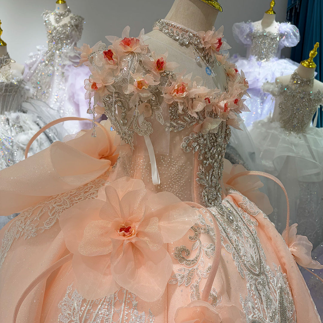 Peach Pink 3D Floral Embroidered Off-Shoulder Princess Wedding Ball Gown for Flower Girls Dress W104