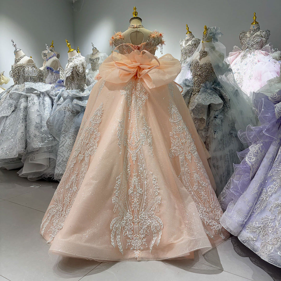 Peach Pink 3D Floral Embroidered Off-Shoulder Princess Wedding Ball Gown for Flower Girls Dress W104