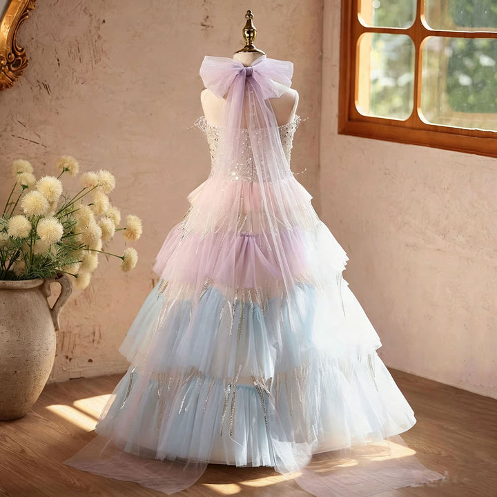 Pastel Rainbow Flower Girl Dress Layered Tulle Sparkly Birthday Party Gown J622