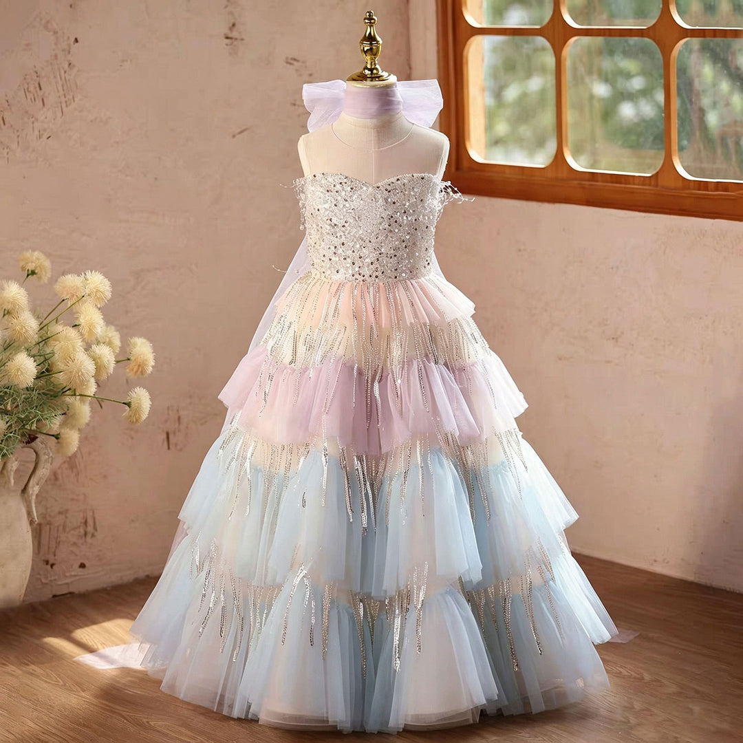 Pastel Rainbow Flower Girl Dress Layered Tulle Sparkly Birthday Party Gown J622 Pastel Rainbow Flower Girl Dress Layered Tulle Sparkly Birthday Party Gown J622