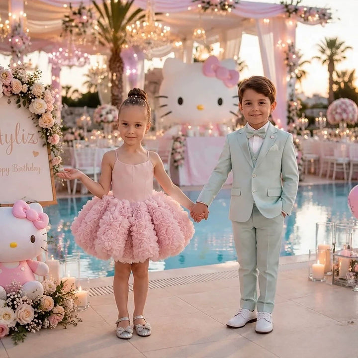 Luxury White Pink 3D Rose Ball Gown Flower Girl Dress J918