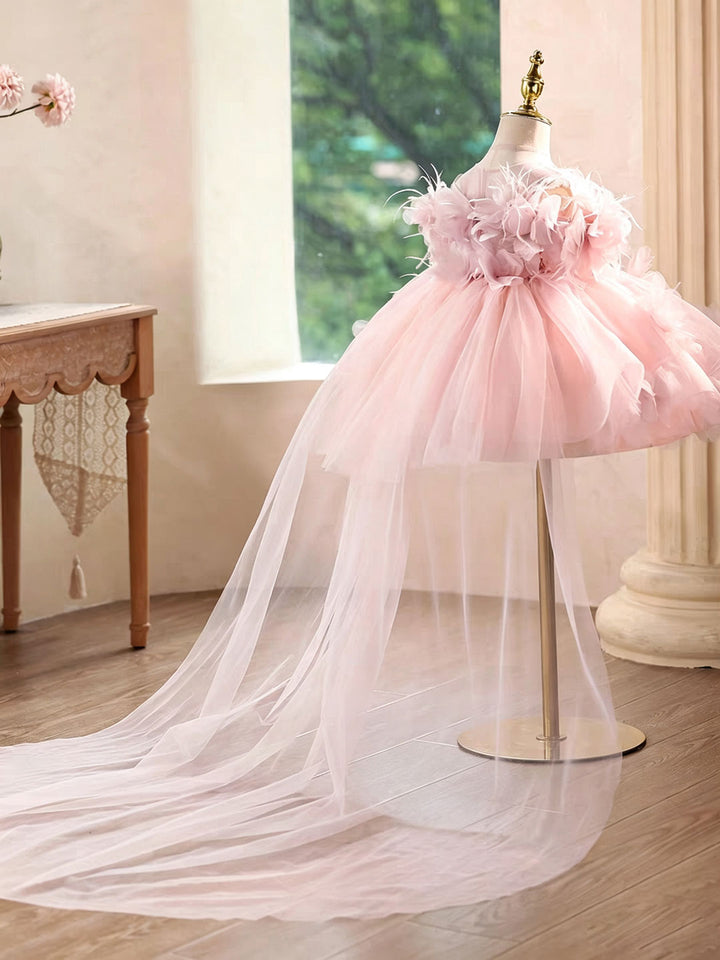 Romantic Pink Flower Girl Dress with Feather Details Fluffy Layered Tulle Kids Birthday Party Wedding Gown D284