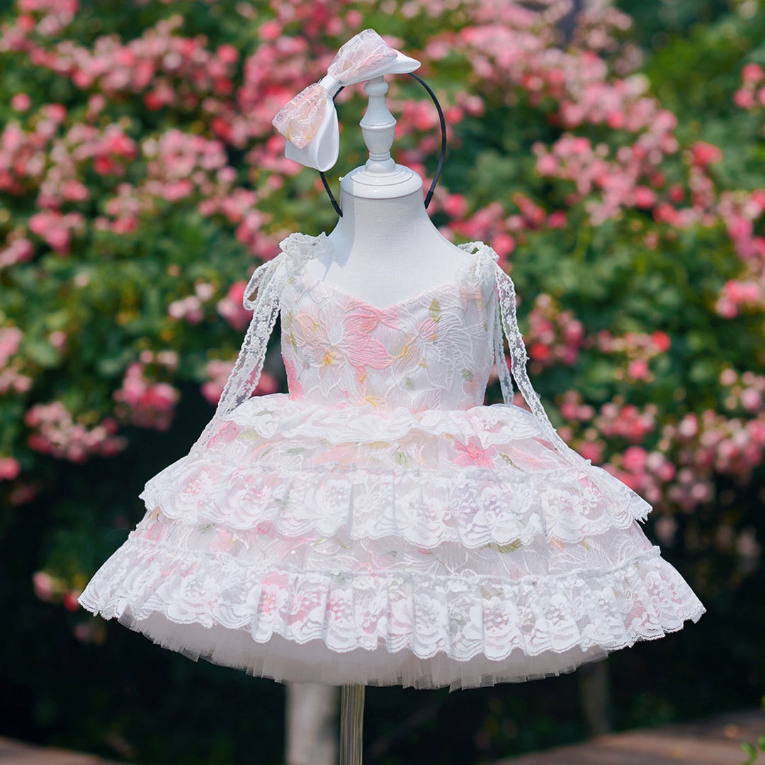 Vintage Pink Flower Girl Dress with Layered Lace Trim | Toddler Girls Tulle Wedding Ball Gown J908
