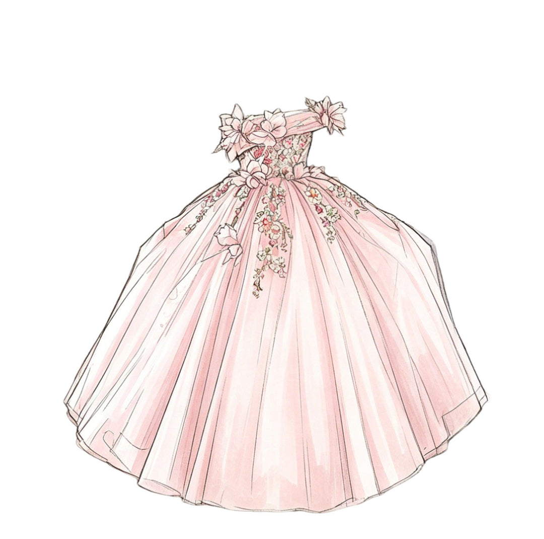 Luxury Pink Lace Flower Girl Dress with Off-Shoulder Design and Full Tulle Ball Gown Skirt J202