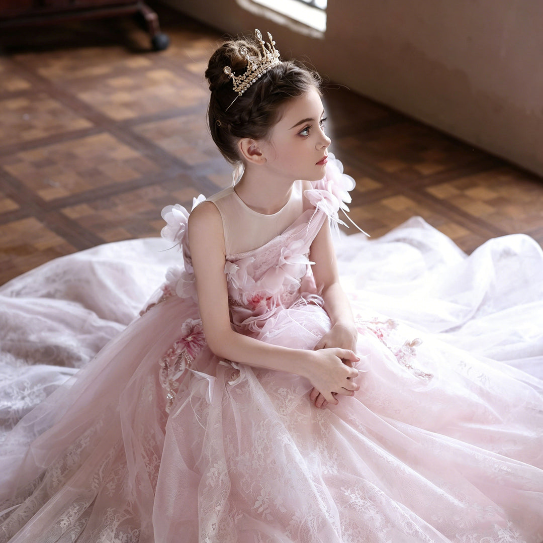 Luxury Pink Lace Flower Girl Dress with Off-Shoulder Design and Full Tulle Ball Gown Skirt J202