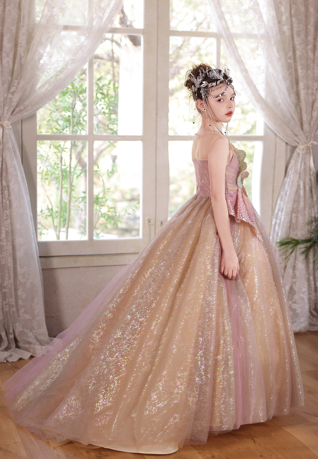 Enchanted Pink Gold Flower Girl Dress Sequin Bow One-Shoulder Wedding Ball Gown J005