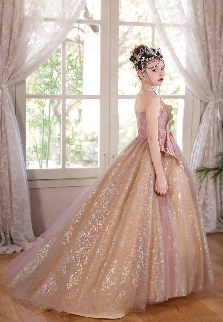 Enchanted Pink Gold Flower Girl Dress Sequin Bow One-Shoulder Wedding Ball Gown J005