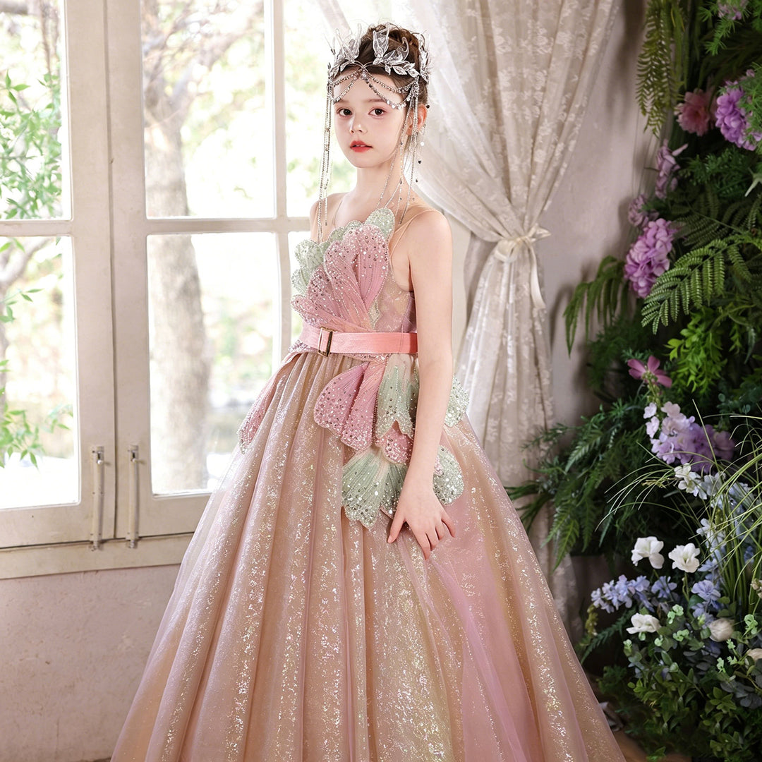 Enchanted Pink Gold Flower Girl Dress Sequin Bow One-Shoulder Wedding Ball Gown J005