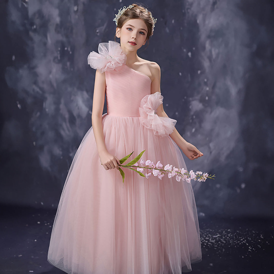 Romantic Pink Flower Girl Dress Asymmetric One Shoulder Bow Tulle Wedding Gown D353