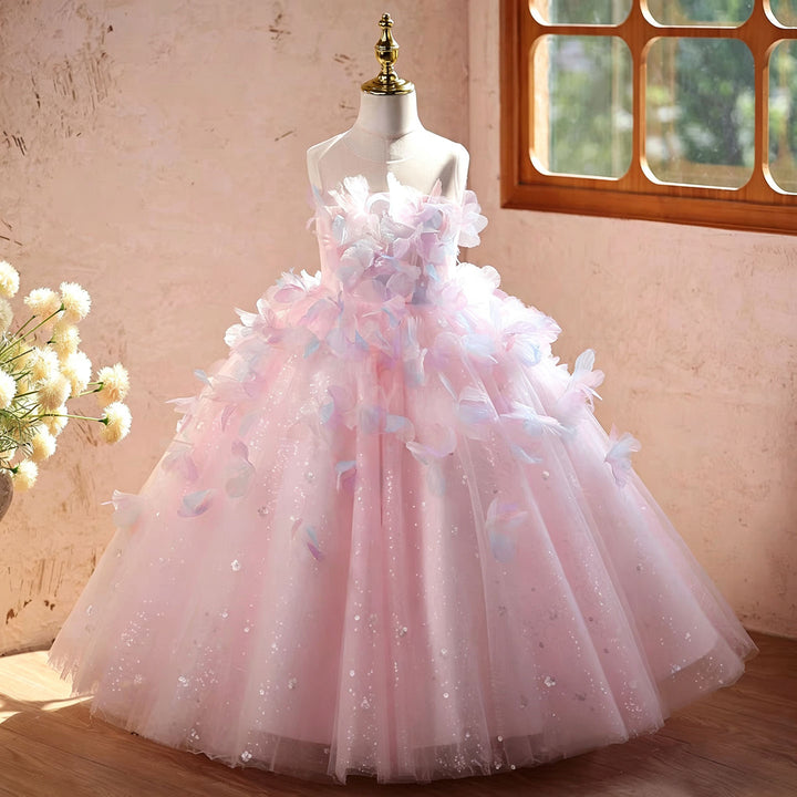Fairy Tale Pink Flower Girl Dress 3D Butterfly Gradient Tulle Tulle Ball Gown J621