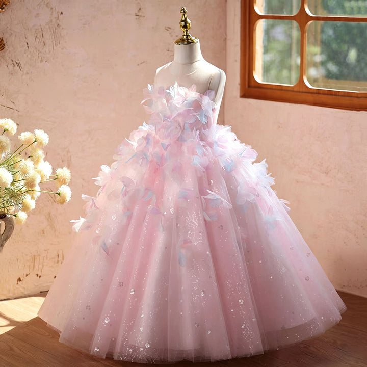Fairy Tale Pink Flower Girl Dress 3D Butterfly Gradient Tulle Tulle Ball Gown J621