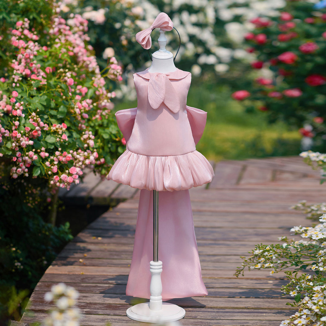 Chic Pink Flower Girl Dress with Large Lapel Collar Elegant Mermaid Style Tulle Party Dress with Long Train J909 Pink / child-2 Chic Pink Flower Girl Dress with Large Lapel Collar Elegant Mermaid Style Tulle Party Dress with Long Train J909 Pink / child-2