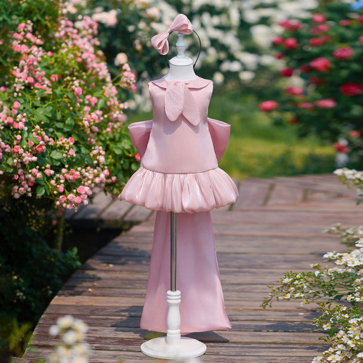 Chic Pink Flower Girl Dress with Large Lapel Collar Elegant Mermaid Style Tulle Party Dress with Long Train J909