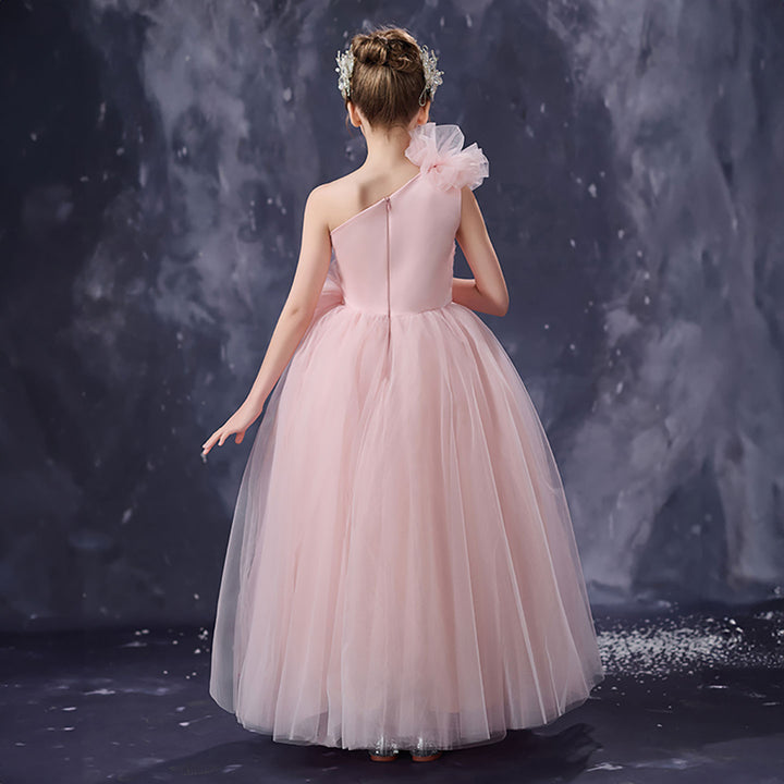 Romantic Pink Flower Girl Dress Asymmetric One Shoulder Bow Tulle Wedding Gown D353