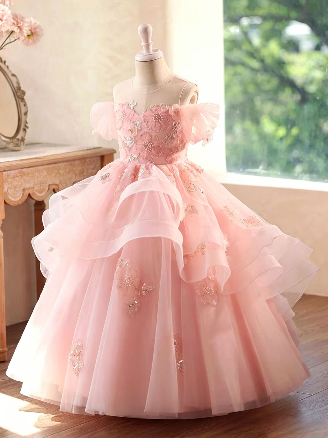 Romantic Pink Flower Girl Dress Off-Shoulder Bow Back Tulle Wedding Reception Gown D347
