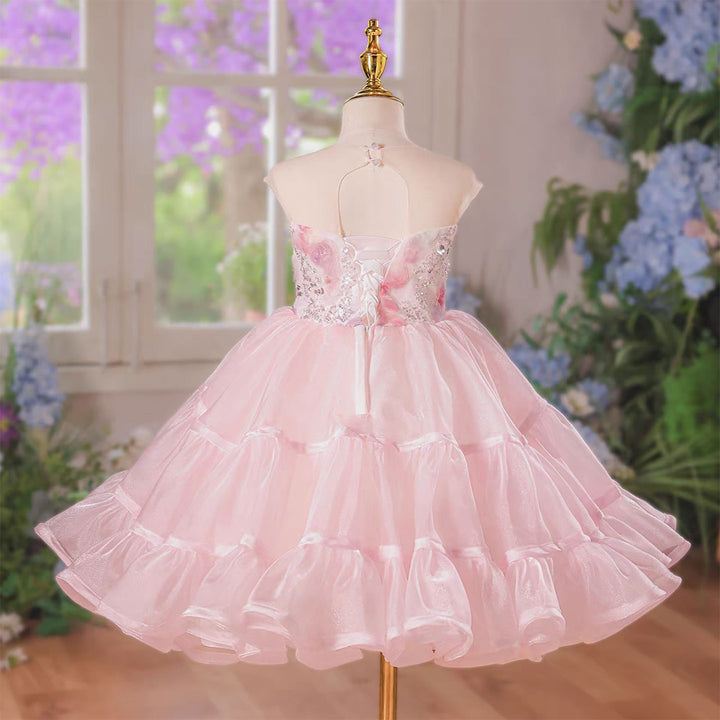 Elegant Pink Sequin Floral Flower Girl Dress Girls Tiered Tulle Birthday Party Dress D279